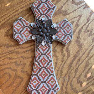 15.5in Layered hanging cross, brown, orange, tan, farmhouse, shabby, wall decor